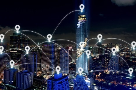 Map pin at smart city and wireless communication network, busine