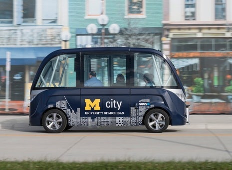 A driverless shuttle at the University of Michigan's Mcity program.